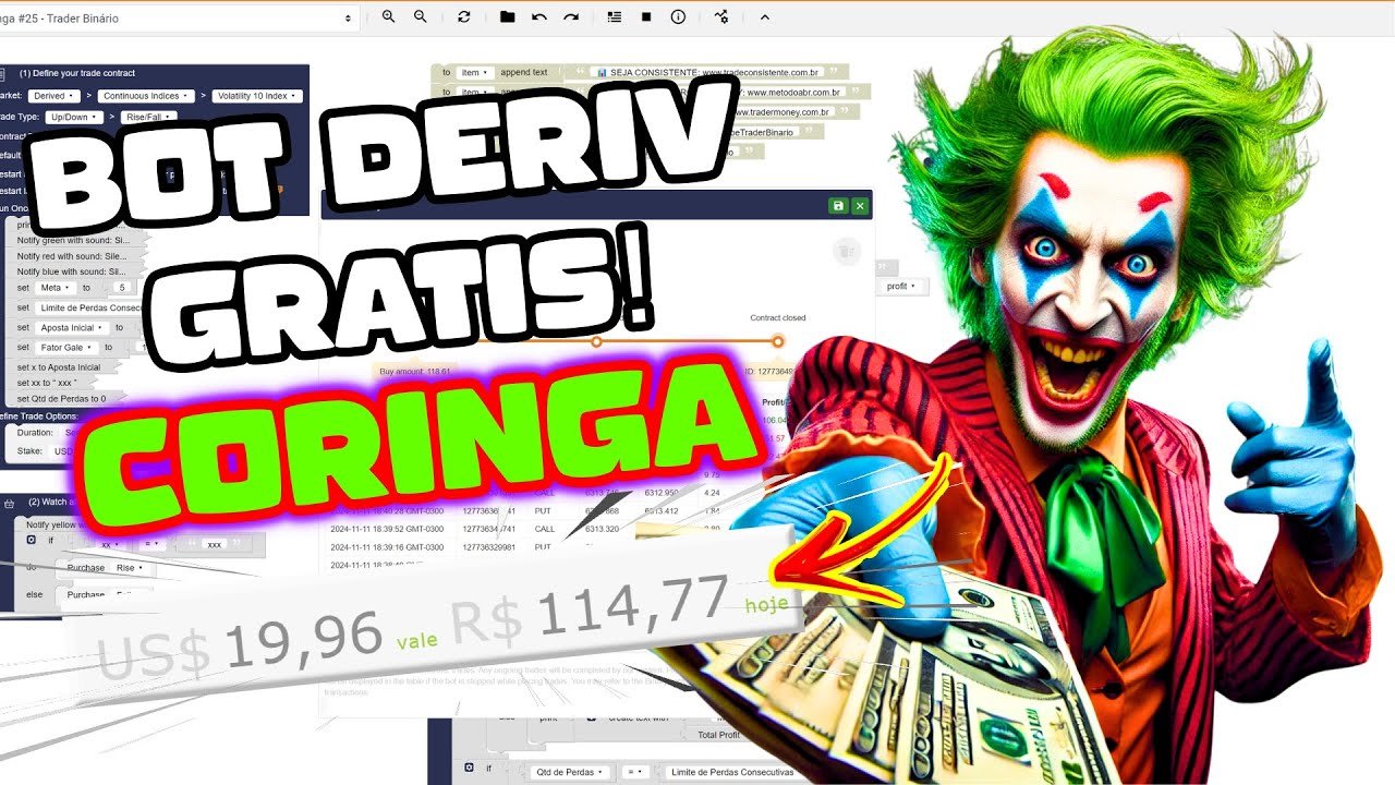 QUASE ME ARREBENTO! ROBÔ DERIV GRÁTIS CORINGA LUCRANDO R$114,77 NA TRADER BOTS CLUB!