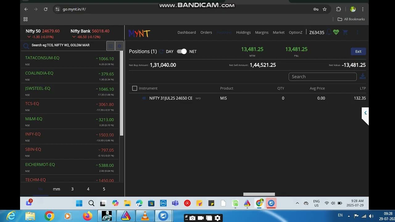 ROBO TRADING NIFTY OPTION 29 JULY 25 .12 LOT TODAY PROFIT .RS.13500