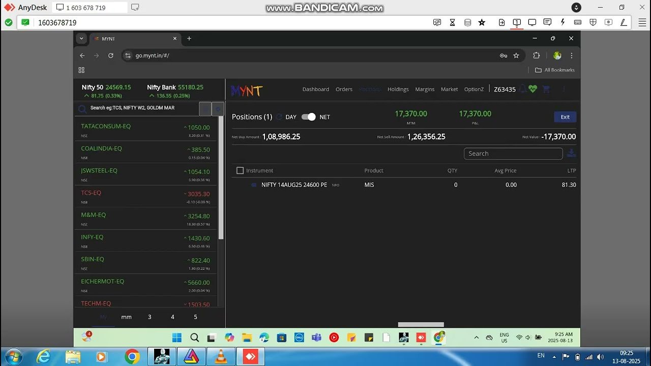 ROBO TRADING NIFTY OPTION 13 AUG 25 .20 LOT TODAY PROFIT .RS.17400