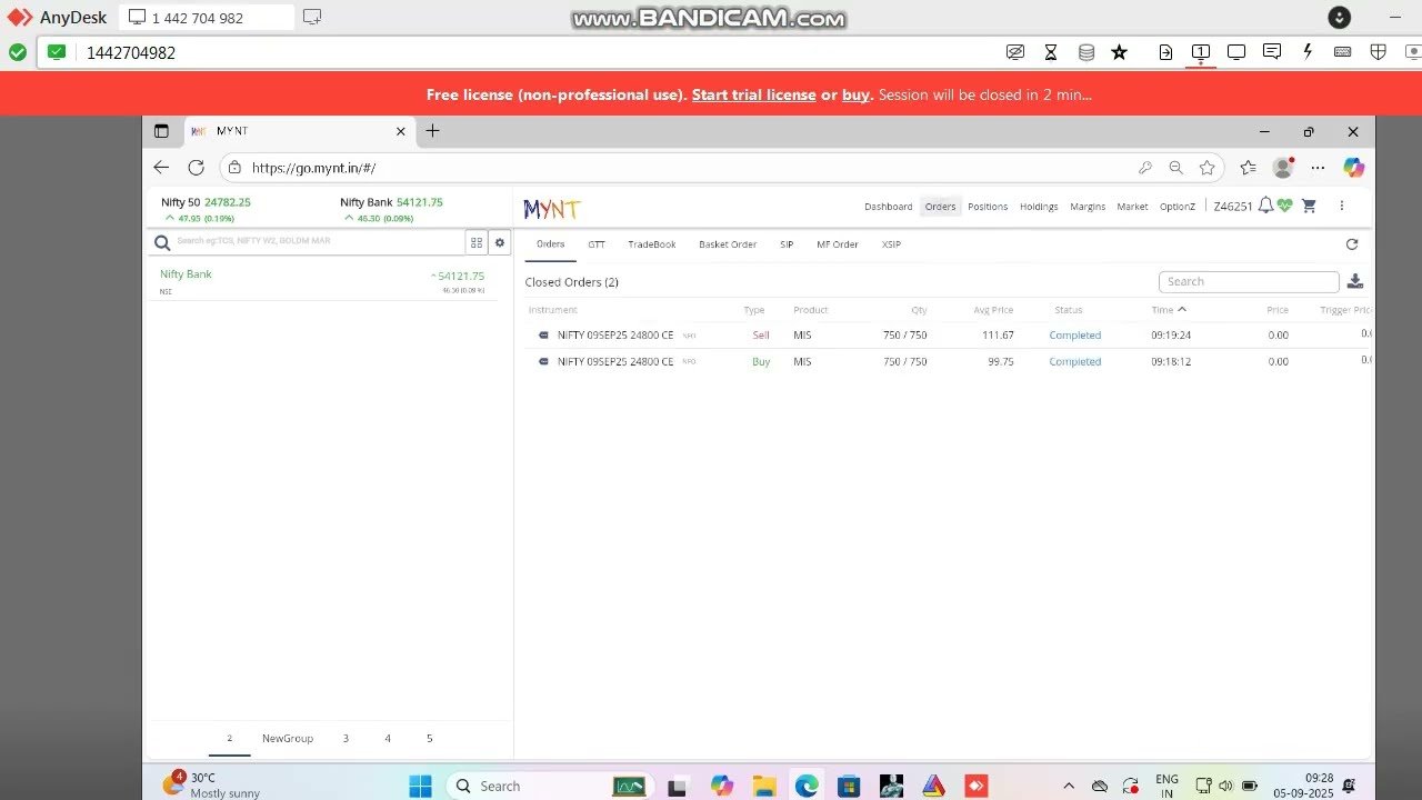 ROBO TRADING NIFTY OPTION 05 SEP 25 .10 LOT TODAY PROFIT .RS.9000