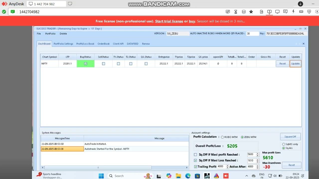 ROBO TRADING NIFTY OPTION 22 SEP 25 .8 LOT TODAY PROFIT .RS.5200