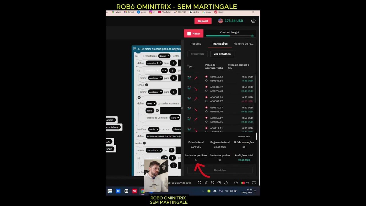 ROBÔ AUTOMÁTICO SEM MARTINGALE – Ominitrix Conta Real Deriv.com  #trader  #daytrade  #money #like