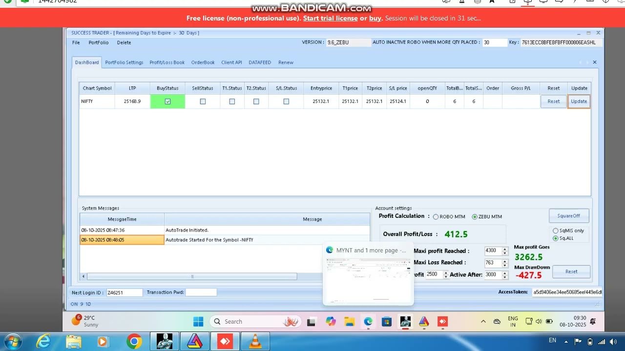 ROBO TRADING NIFTY OPTION 08 OCT 25 .6 LOT TODAY PROFIT .RS.400