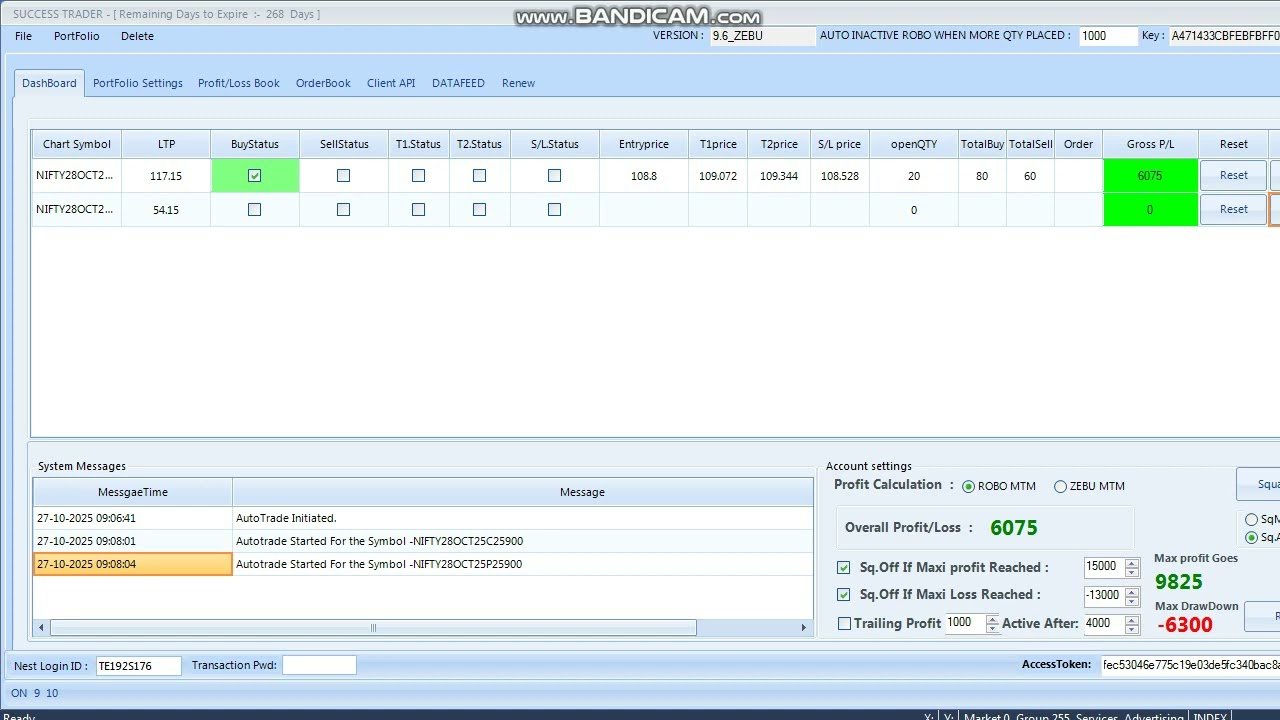 ROBO TRADING NIFTY OPTION 27 OCT 25 .20 LOT TODAY PROFIT .RS.12600