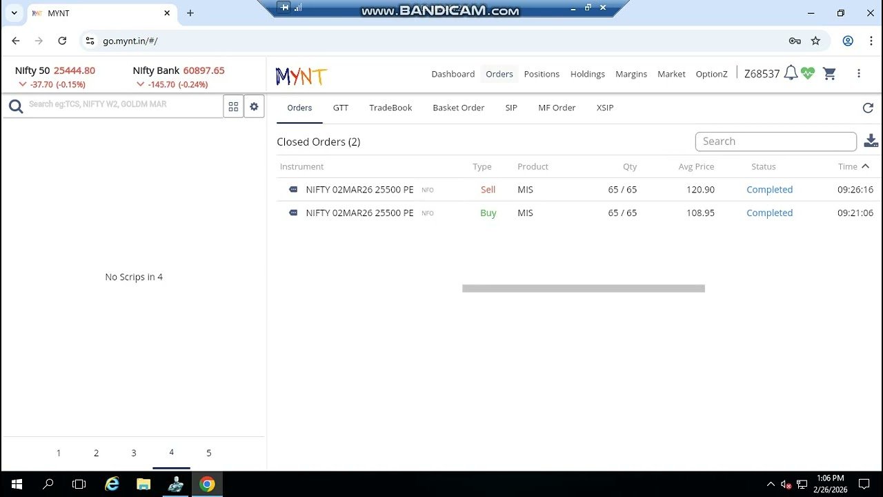 ROBO TRADING NIFTY OPTION 26 FEB 26 .1 LOT TODAY PROFIT .RS.800