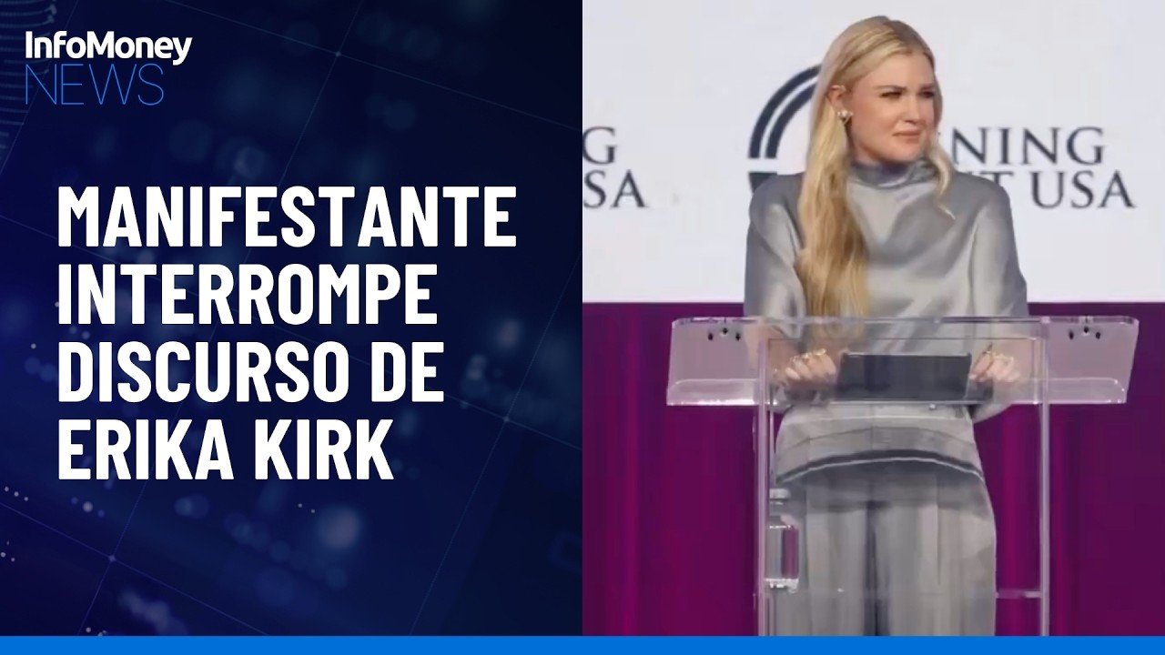 Manifestante interrompe discurso de Erika Kirk e a acusa de proteger pedófilos | InfoMoney News