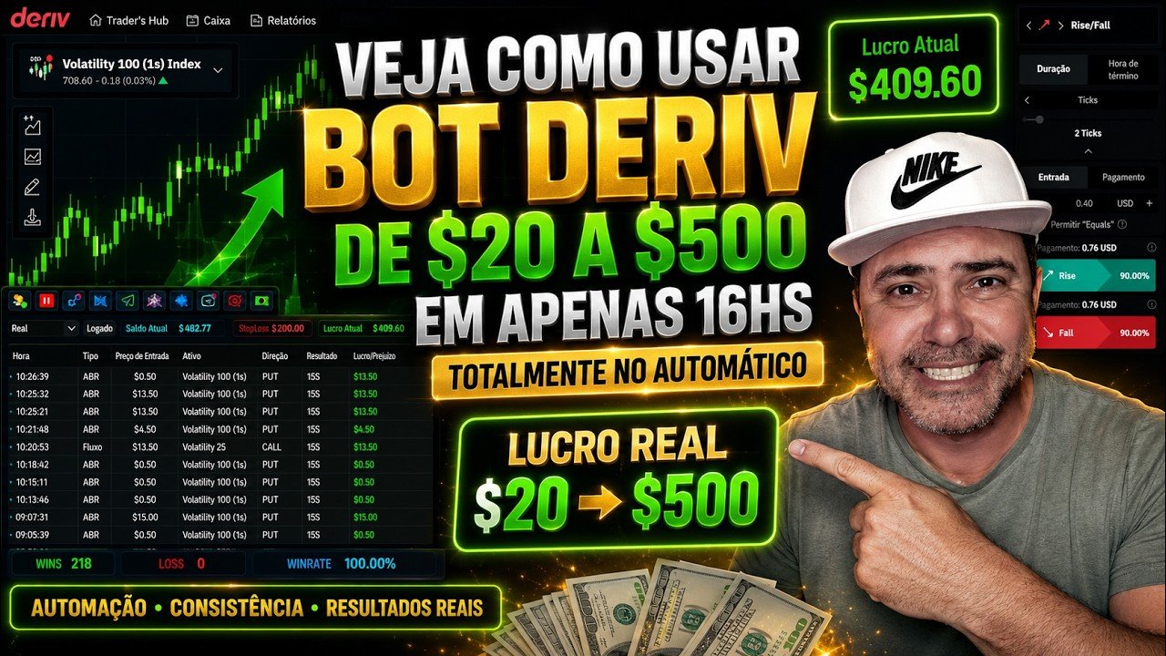 Veja como usar um bot deriv para transformar $20 em $500 em apenas 16hs totalmente no automático