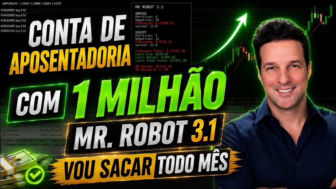 UM SALARIO POR MÊS: APOSENTADORIA COM TRADING/MR. ROBOT 3.1/ CORRETORA ROBOFOREX  PROCENT MT4 #19