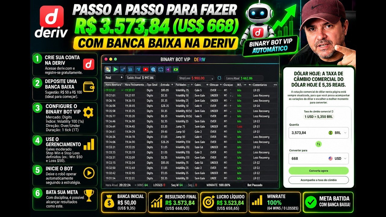 bot Deriv automático: alavanquei de $50 para $1000 em 2 dias