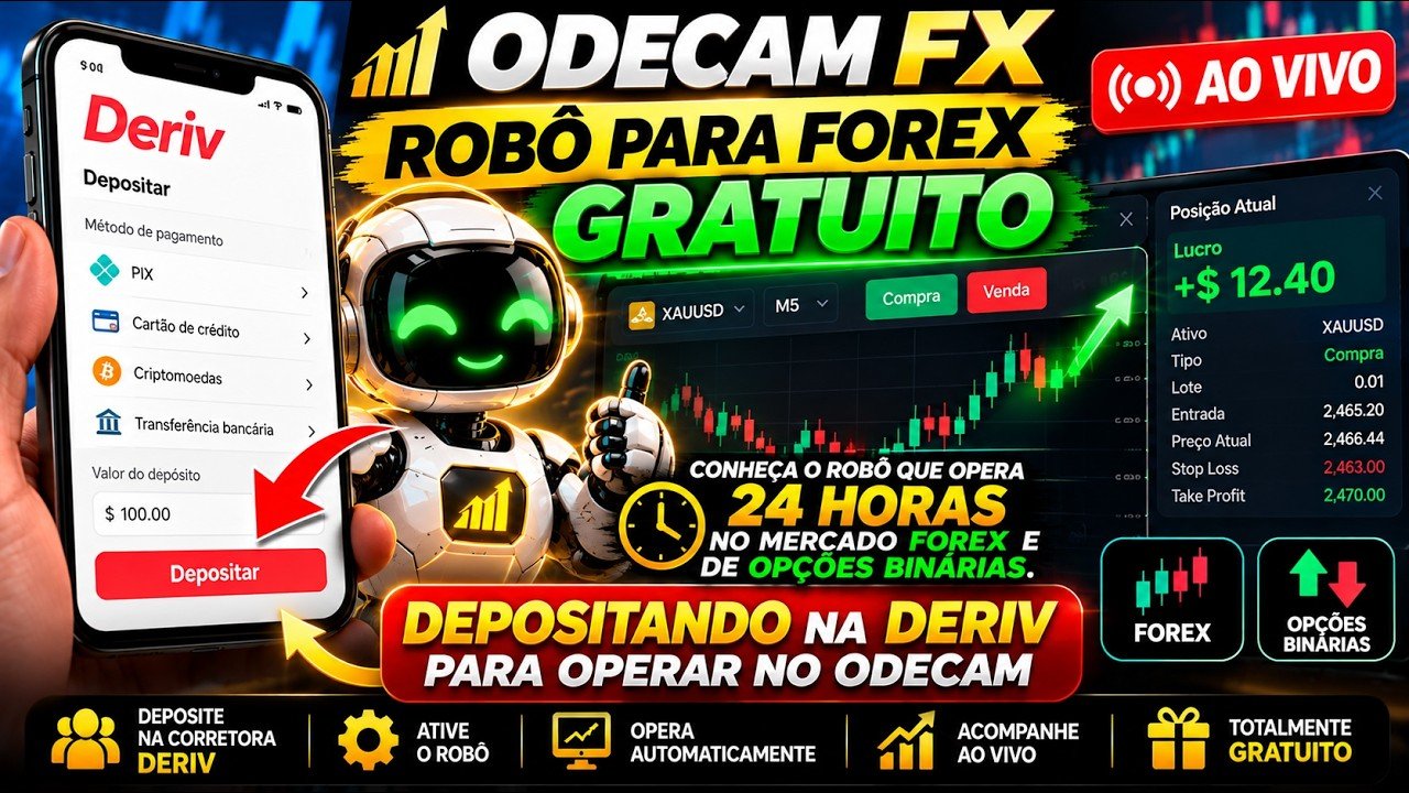 Como Depositar na Deriv e operação ao vivo no Odecamfx robô de forex free